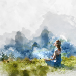Beautiful Serence photo woman meditating in blues and greens copy
