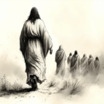 Jesus walking behind His Disciples