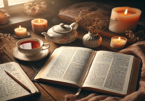 Open Bible near on window seat with tea and candles