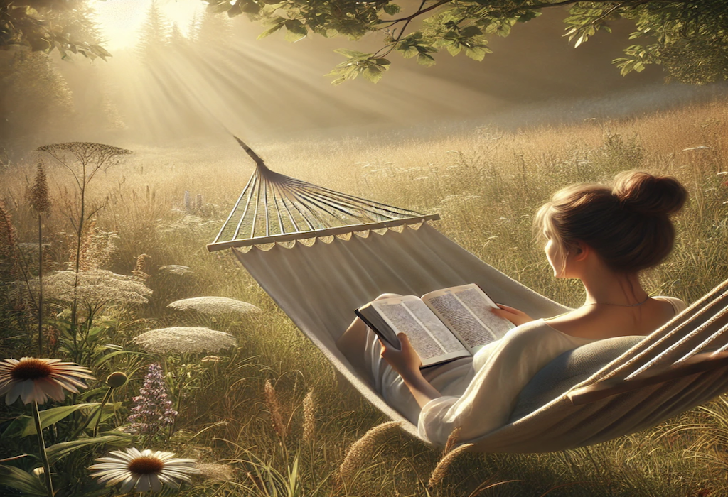 Serene scene of woman in a hammock reading Bible