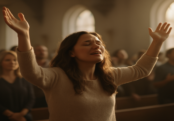 Woman raising her hands crying out out God