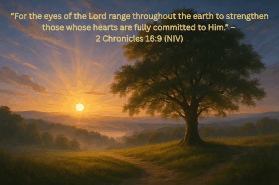 Tree in a field with a setting Sun “For the eyes of the Lord range throughout the earth to strengthen those whose hearts are fully committed to Him.” – 2 Chronicles 16:9 (NIV) copy