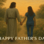Daddy Jesus walking on path with young woman
