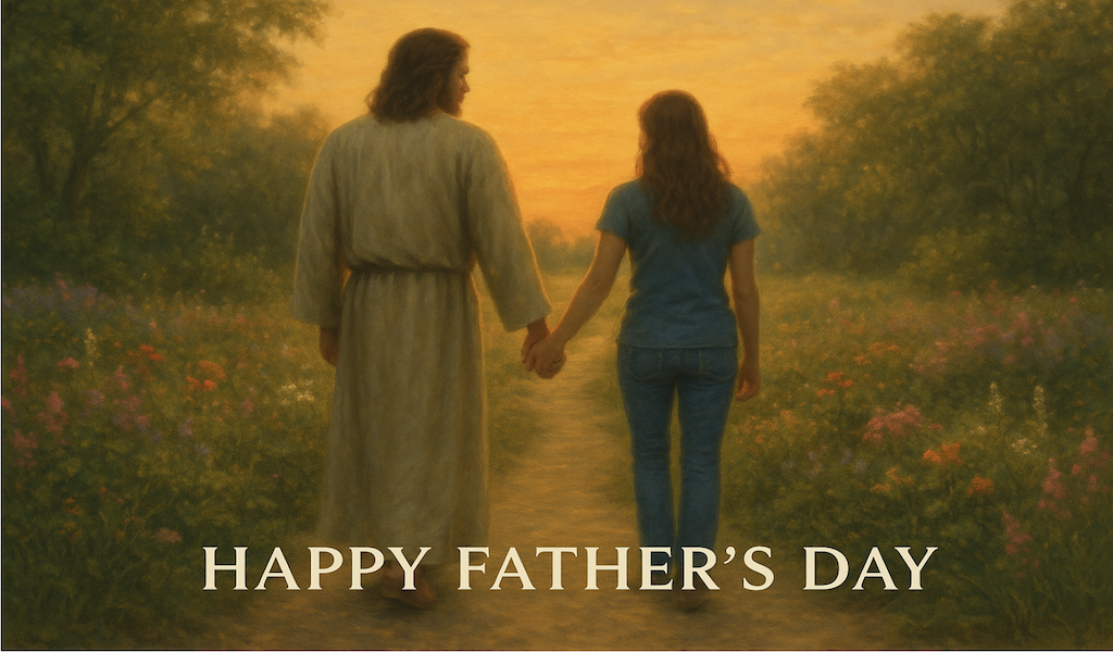 Daddy Jesus walking on path with young woman