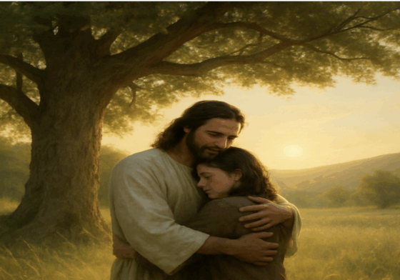 Hug From Jesus under the tree in a golden sunrise