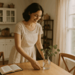 Woman happily homekeeping copy