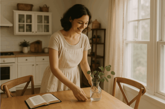 Woman happily homekeeping copy
