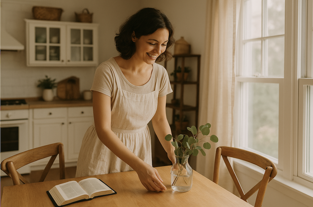 Woman happily homekeeping copy