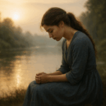 Young woman by the water sitting in prayer by herself copy