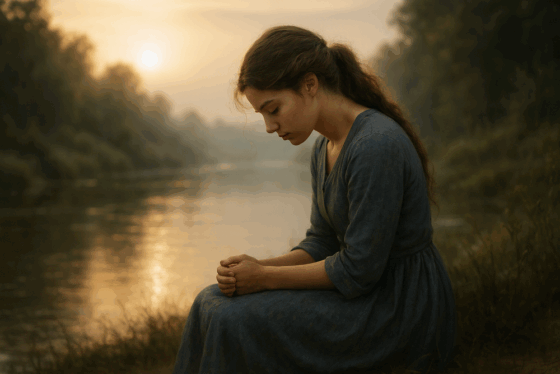 Young woman by the water sitting in prayer by herself copy