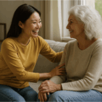 Asian woman comforting an elderly woman