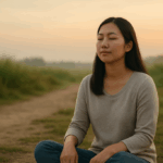 Asian woman sitting still in a field meditating on God's Spirit