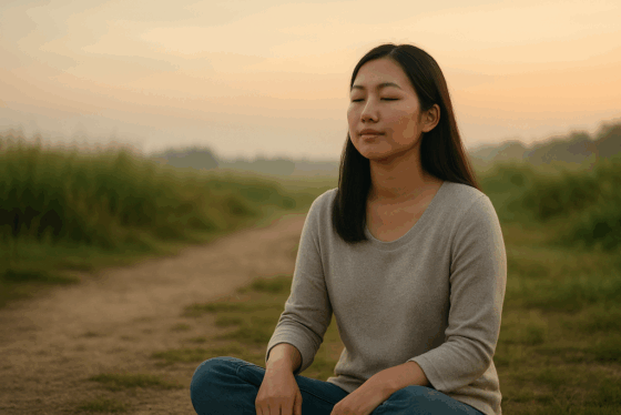 Asian woman sitting still in a field meditating on God's Spirit