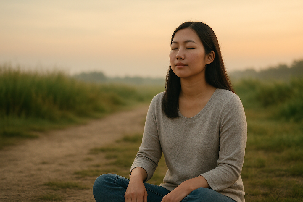 Asian woman sitting still in a field meditating on God's Spirit