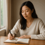 Asian woman writing in a book at a table copy
