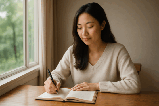 Asian woman writing in a book at a table copy