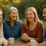 Group of women and a man sitting at a table talking