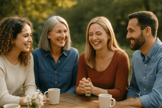 Group of women and a man sitting at a table talking