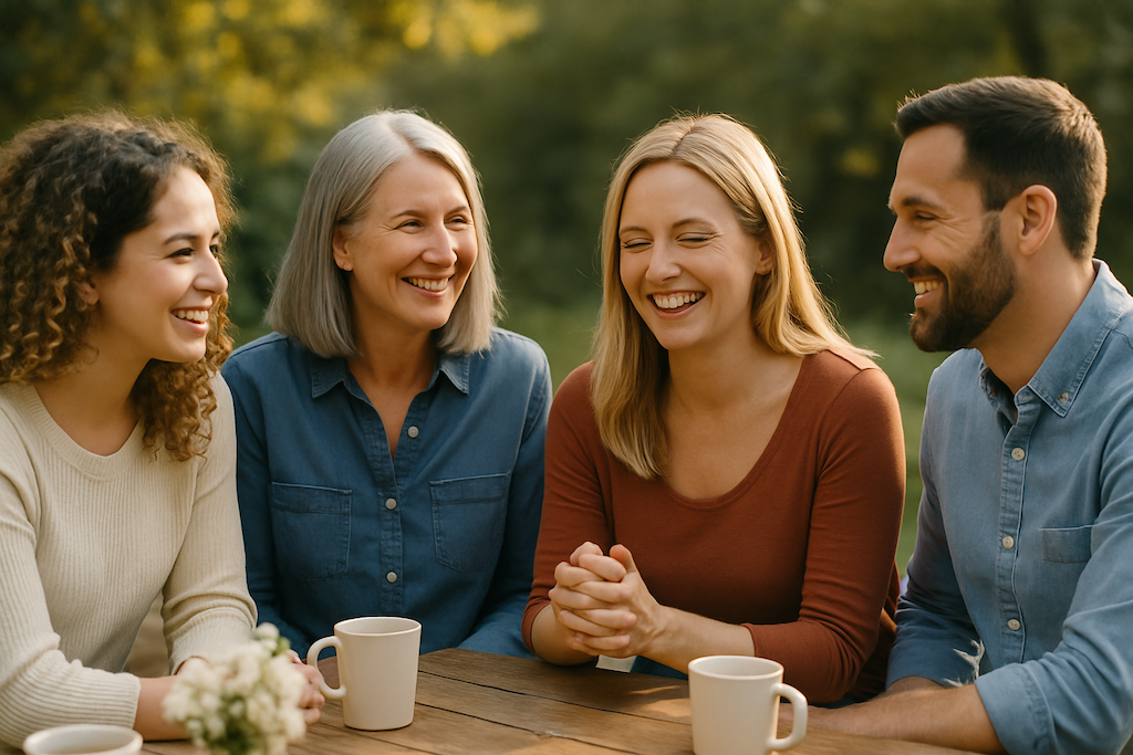 Group of women and a man sitting at a table talking