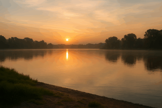 Serene beach scene with the sun low over the water