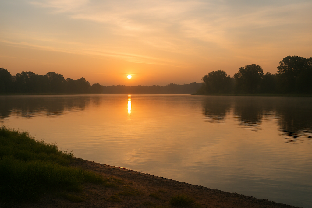 Serene beach scene with the sun low over the water