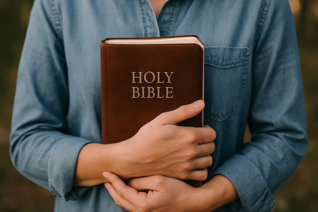 Woman holding a Bible close to her heart
