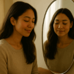 Woman looking into a mirror smiling copy