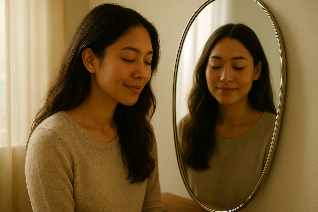 Woman looking into a mirror smiling copy