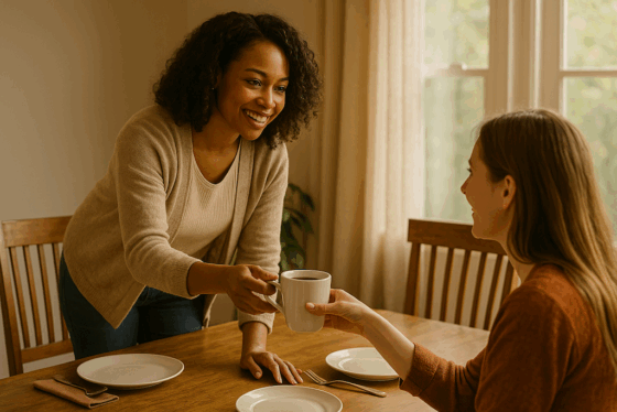 Woman offering tea to another woman copy