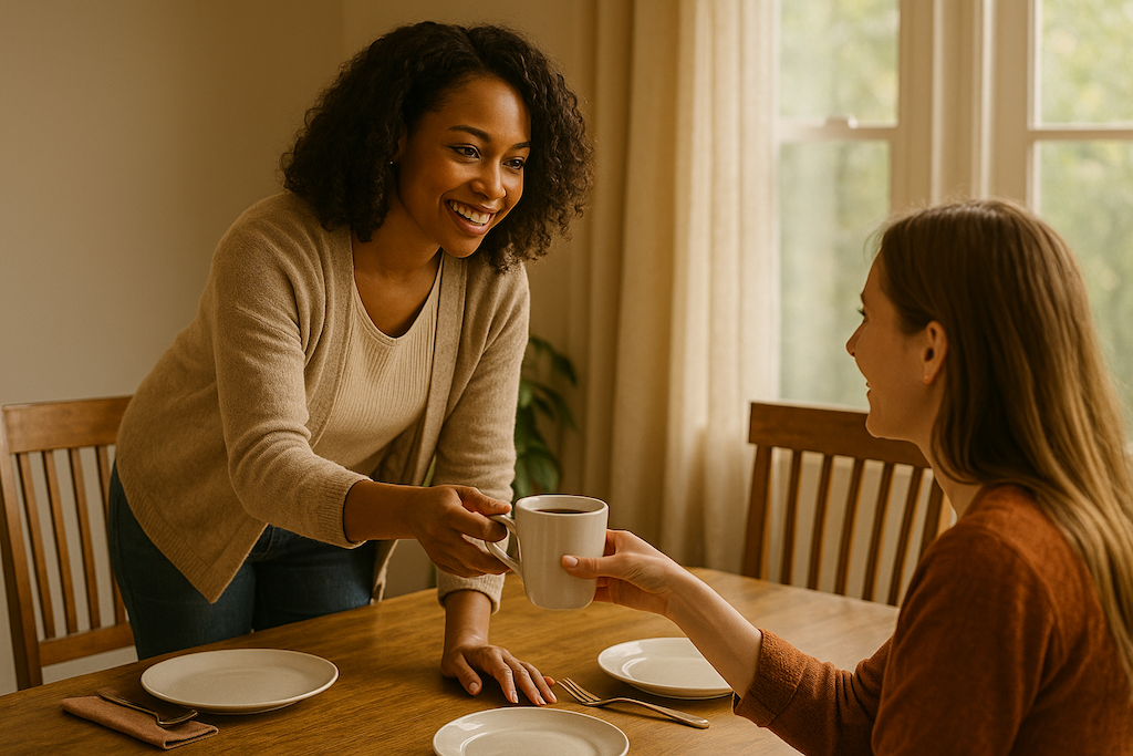 Woman offering tea to another woman copy
