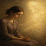 Woman praying with the glowing image of Christ in the background beside her