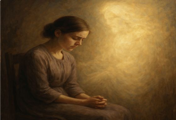 Woman praying with the glowing image of Christ in the background beside her