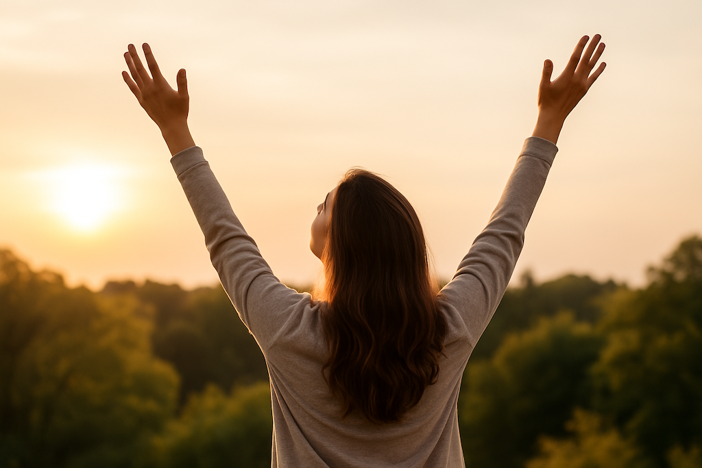Woman raising hands to the sky in worship copy