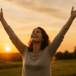 Woman raising hands up to God in joy copy