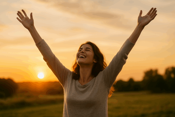 Woman raising hands up to God in joy copy
