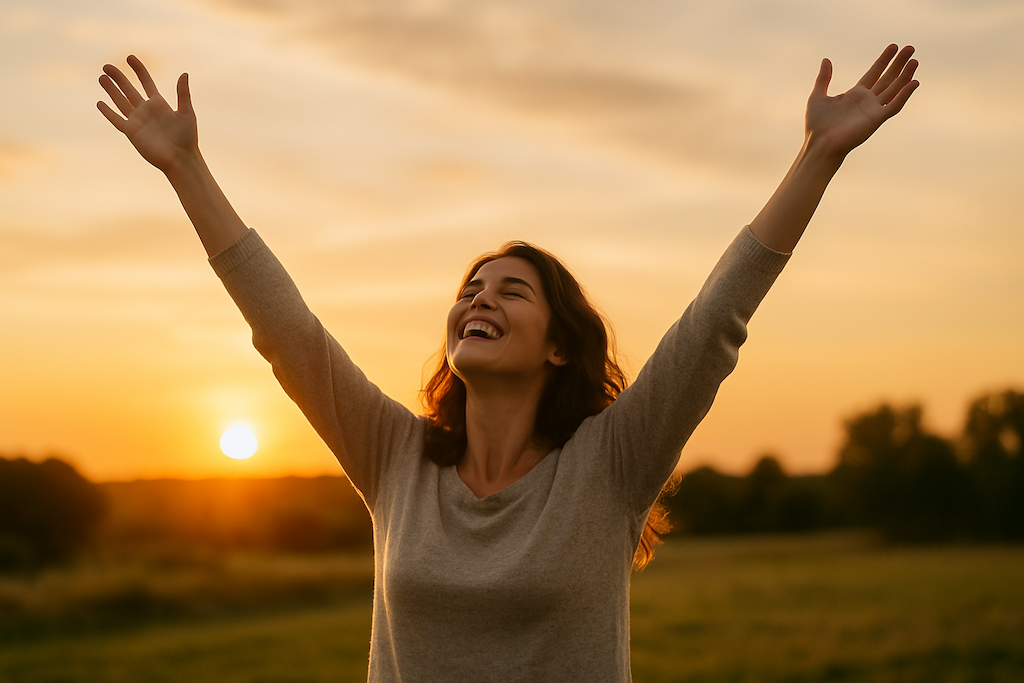 Woman raising hands up to God in joy copy