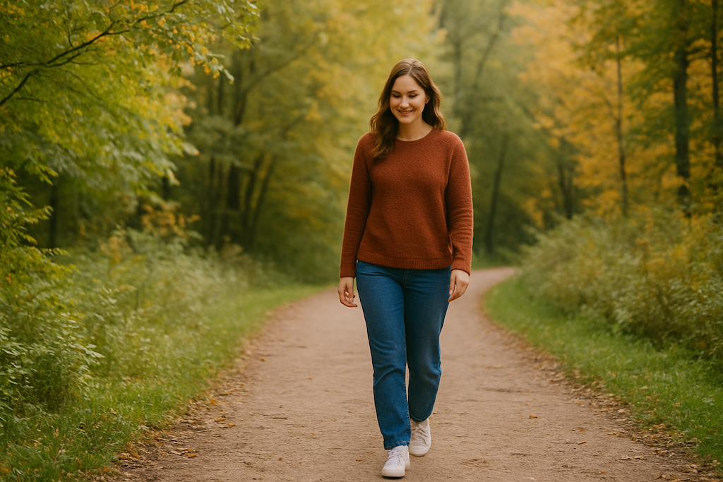 Woman walking in the beauty of nature copy