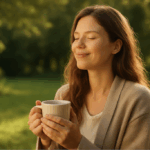 a woman peacefully enjoying a quiet moment of delight sipping tea outdoors
