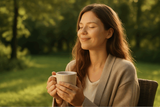 a woman peacefully enjoying a quiet moment of delight sipping tea outdoors