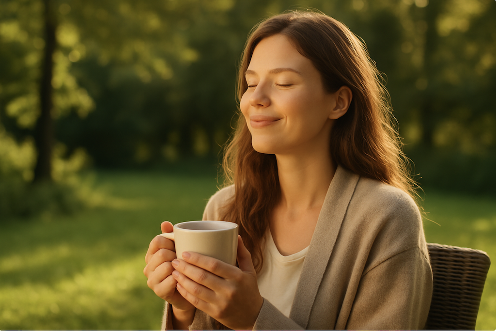 a woman peacefully enjoying a quiet moment of delight sipping tea outdoors