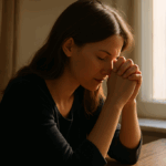 a woman praying in quiet reflection with light shining softly over her