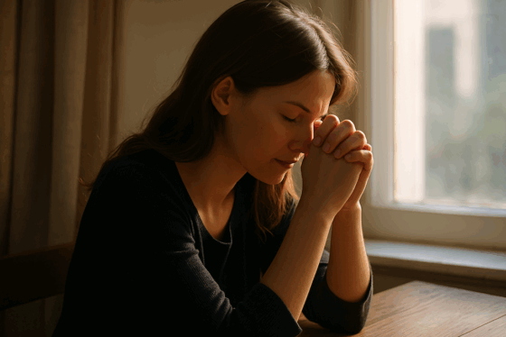 a woman praying in quiet reflection with light shining softly over her