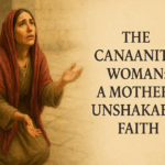 The Canaanite woman kneeling and pleading with Jesus