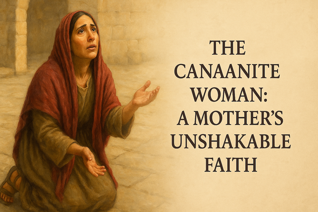 The Canaanite woman kneeling and pleading with Jesus