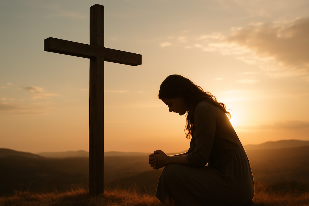 Woman kneeling at the Cross