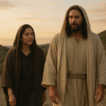 Woman walking with Jesus in a a deserted road