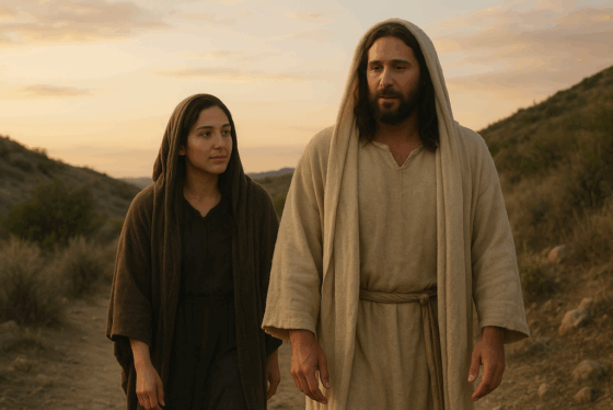 Woman walking with Jesus in a a deserted road