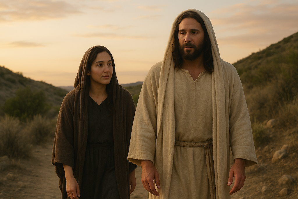 Woman walking with Jesus in a a deserted road
