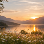 Serene lakeside at sunset, bathed in warm, gentle light.