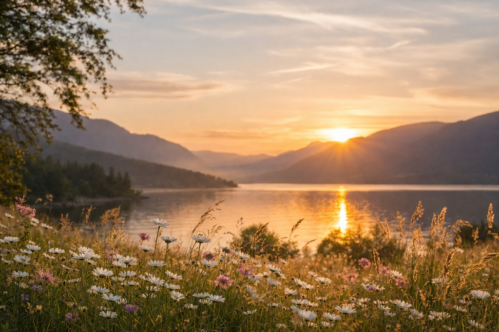 Serene lakeside at sunset, bathed in warm, gentle light.